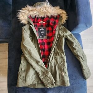 Olive Green Jacket with Faux Fur Hood and Red Plaid Lining
